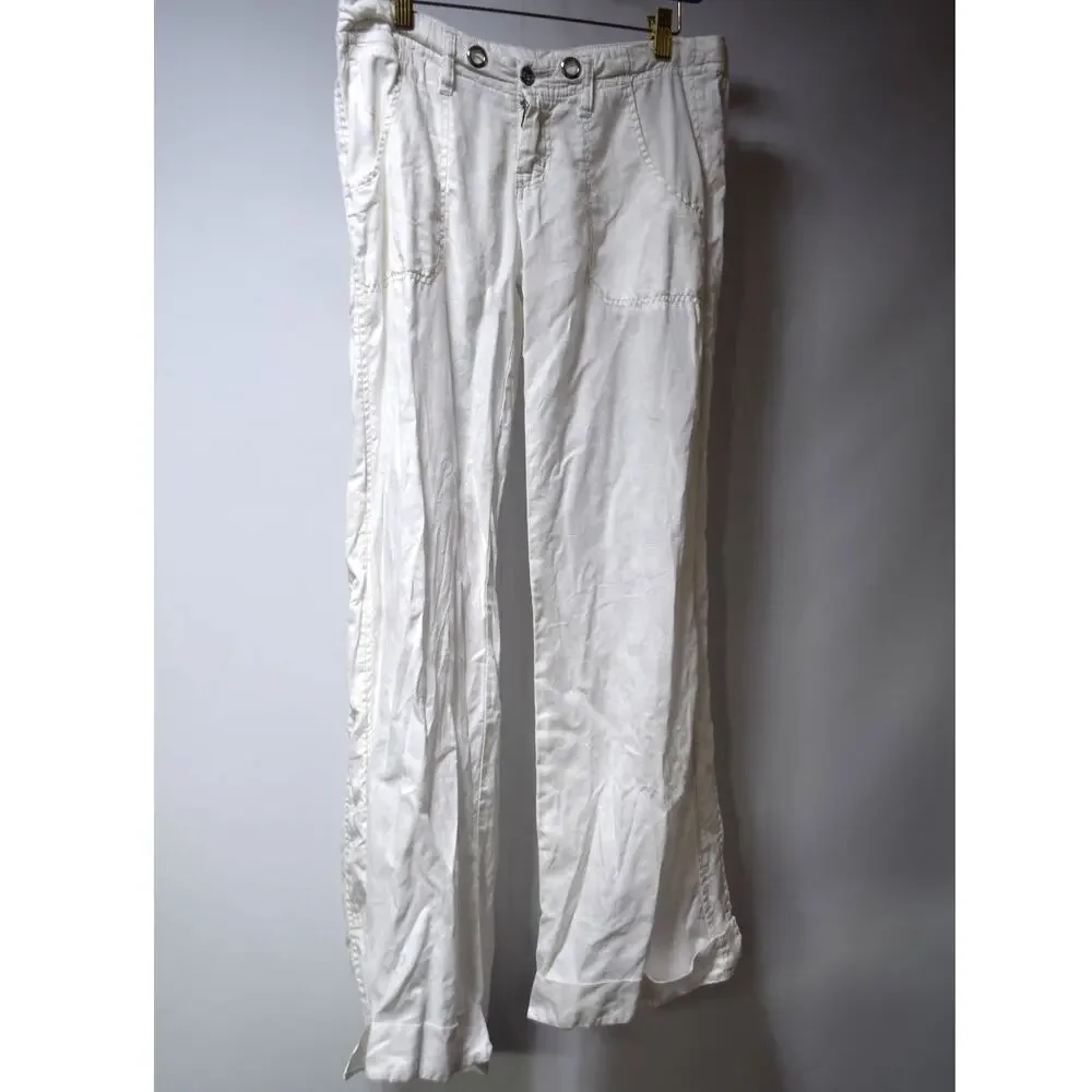 Joie Women’s White Linen Blend Wide Leg Utility Pants Grommet Waist 4